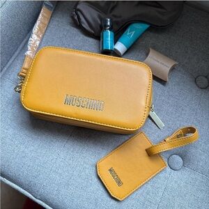 Moschino Mustard travel set dopp kit clutch with matching Luggage Tag